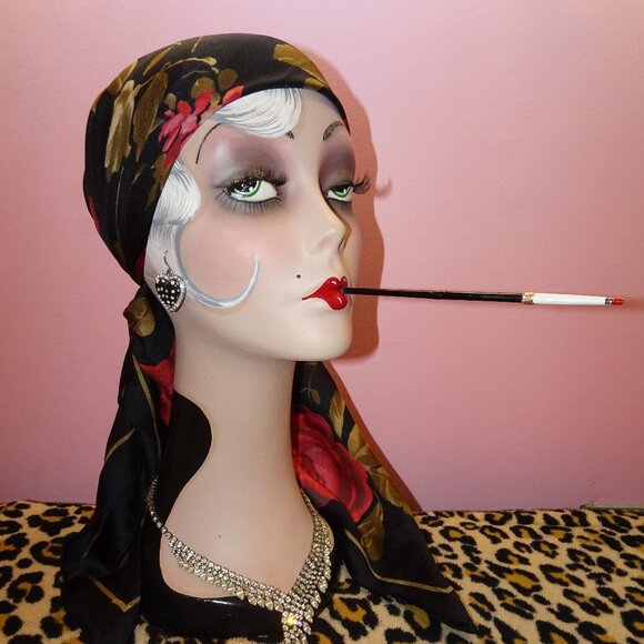 Vintage Kathie Lee Collection Extra Large Floral Scarf black roses head wrap bow - Picture 15 of 16